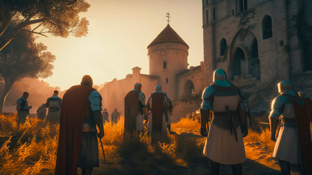 Medieval battle scene with medieval knights at sunset, 3d render ai generatedの素材