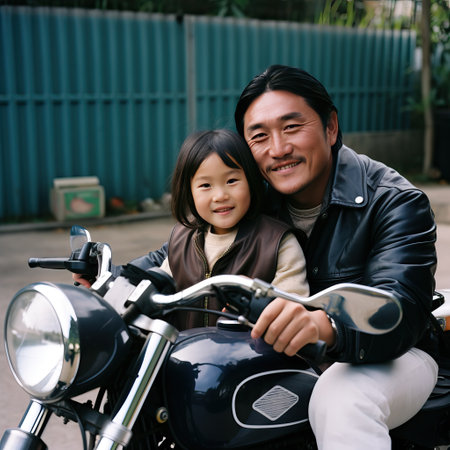 Asian father and daughter sitting on motorcycle in the park. Happy family concept.ai generatedの素材