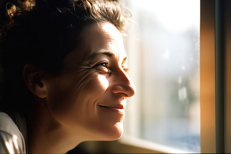 Portrait of a beautiful woman looking out the window at home.ai generatedの素材