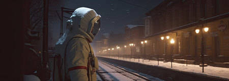 AI generative A man in a hazmat suit and a gas mask stands on the platform of a railway station.の素材