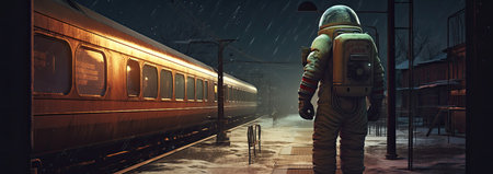 ai generative Astronaut in a spacesuit against the background of the train station.の素材