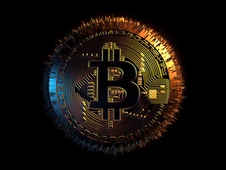 Bitcoin cryptocurrency. Golden bitcoin on black background. Cryptocurrency concept.の素材