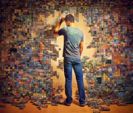 Young man in front of a wall full of many colorful puzzle pieces ai generativeの素材
