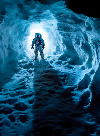 Astronaut exploring an ice cave in space. generative aiの素材