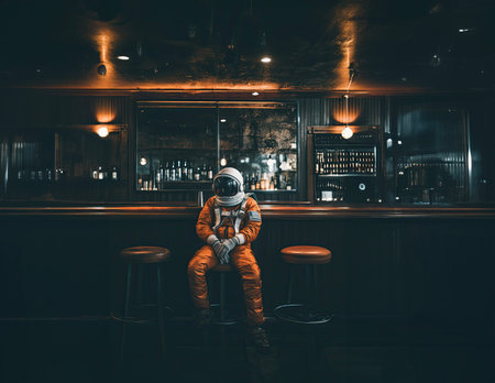 Astronaut sitting at the bar in a dark room and drinking beer.の素材