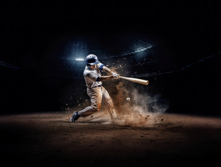 Baseball player in action on the field at night.の素材