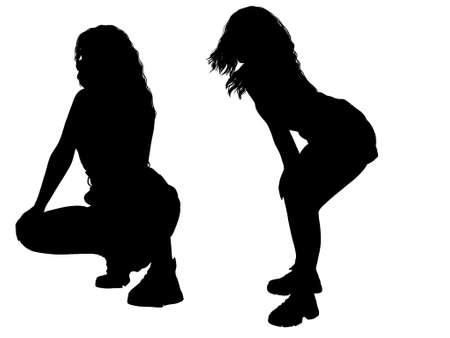 Silhouettes of young woman with curly hair posingのイラスト素材