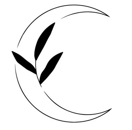 Simple, lined moon with wild nature flowers, leaves, bushes. Minimalistic lined vector art.のイラスト素材