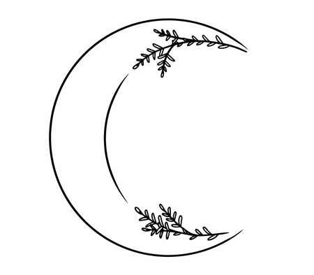 Simple, lined moon with wild nature flowers, leaves, bushes. Minimalistic lined vector art.のイラスト素材