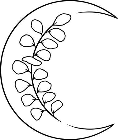 Simple, lined moon with wild nature flowers, leaves, bushes. Minimalistic lined vector art.のイラスト素材