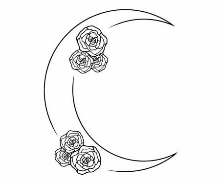 Simple, lined moon with wild nature flowers, leaves, bushes. Minimalistic lined vector art.のイラスト素材