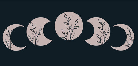 Magical art with moon, butterfly, crystals, leaves, sparkles. Vector boho artのイラスト素材