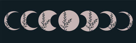 Magical art with moon, butterfly, crystals, leaves, sparkles. Vector boho artのイラスト素材