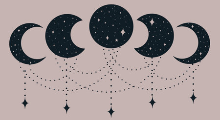 Magical art with moon, butterfly, crystals, leaves, sparkles. Vector boho artのイラスト素材