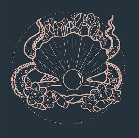 Crystal shell with pearl. Pink and blue vector artのイラスト素材