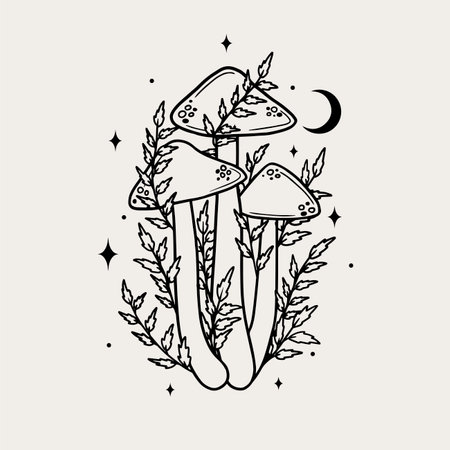 Magical mushrooms. Black line vector art.のイラスト素材