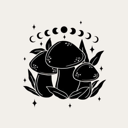 Magical mushrooms. Black line vector art.のイラスト素材