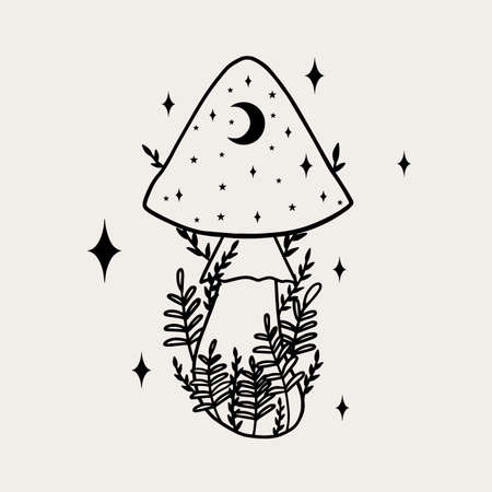 Magical mushrooms. Black line vector art.のイラスト素材