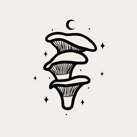 Magical mushrooms. Black line vector art.のイラスト素材