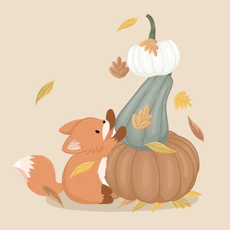 Autumn theme art with mushrooms and pumpkins. Cozy vector artのイラスト素材