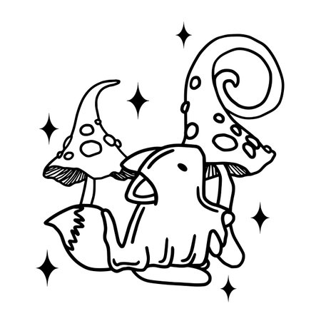 Halloween fox ghost with mushrooms and stars, magical vector artのイラスト素材