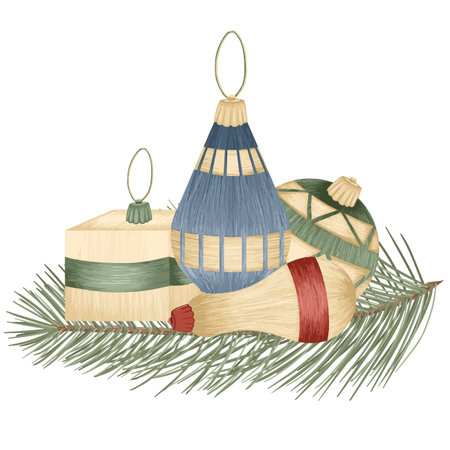 Christmas tree toys, vector detailed tree toys. Fancy, golden, elegant decorations.のイラスト素材