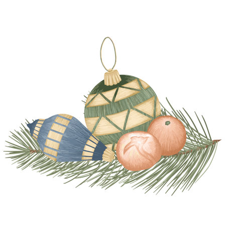 Christmas tree toys with tangerine, vector detailed tree toys. Fancy, golden, elegant decorations.のイラスト素材