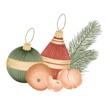 Christmas tree toys with tangerine, vector detailed tree toys. Fancy, golden, elegant decorations.のイラスト素材
