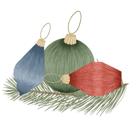 Christmas tree toys, vector detailed tree toys. Fancy, golden, elegant decorations.のイラスト素材