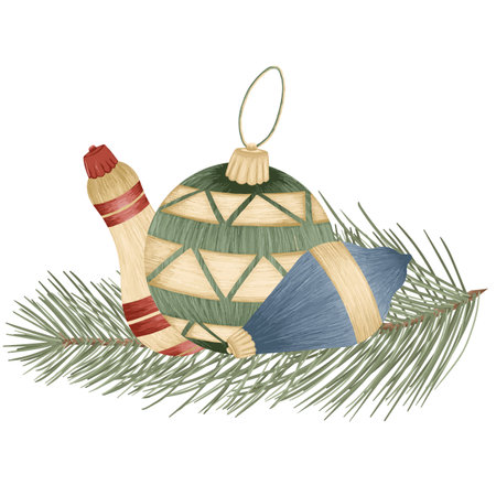 Christmas tree toys, vector detailed tree toys. Fancy, golden, elegant decorations.のイラスト素材