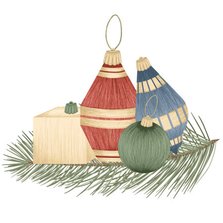 Christmas tree toys, vector detailed tree toys. Fancy, golden, elegant decorations.のイラスト素材