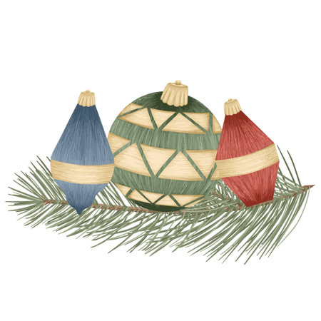 Christmas tree toys, vector detailed tree toys. Fancy, golden, elegant decorations.のイラスト素材