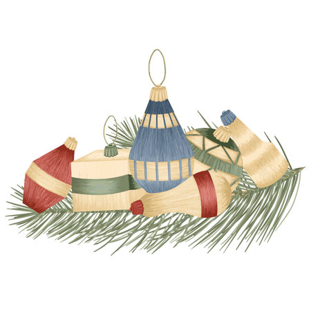 Christmas tree toys, vector detailed tree toys. Fancy, golden, elegant decorations.のイラスト素材