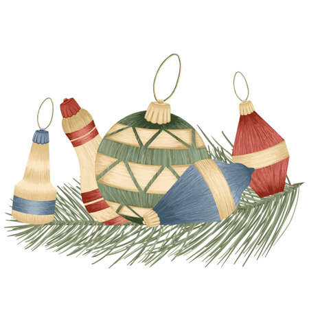 Christmas tree toys, vector detailed tree toys. Fancy, golden, elegant decorations.のイラスト素材