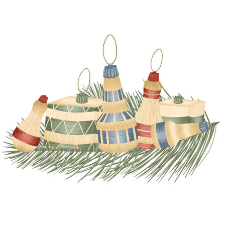 Christmas tree toys, vector detailed tree toys. Fancy, golden, elegant decorations.のイラスト素材