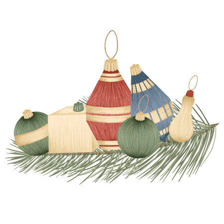 Christmas tree toys, vector detailed tree toys. Fancy, golden, elegant decorations.のイラスト素材