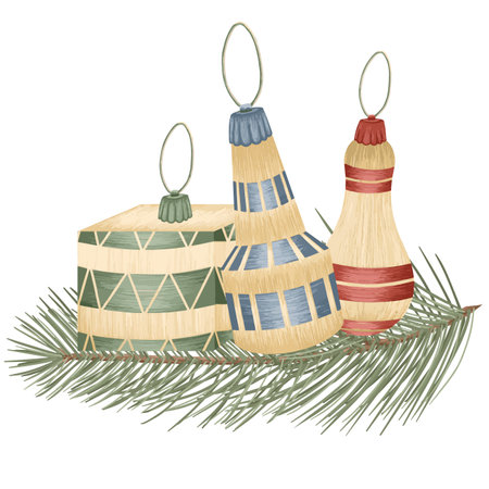 Christmas tree toys, vector detailed tree toys. Fancy, golden, elegant decorations.のイラスト素材
