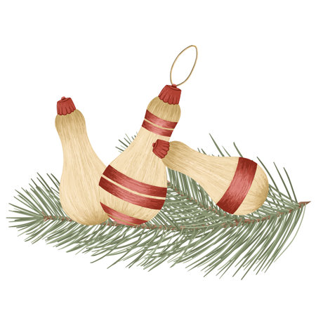 Christmas tree toys, vector detailed tree toys. Fancy, golden, elegant decorations.のイラスト素材