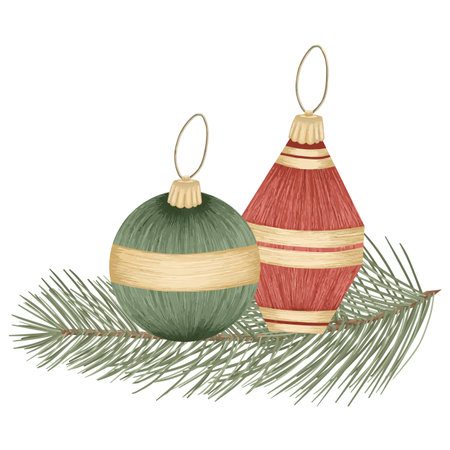 Christmas tree toys, vector detailed tree toys. Fancy, golden, elegant decorations.のイラスト素材