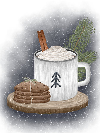 Cup of cocoa with cookies and fir tree. Illustration with snowの写真素材