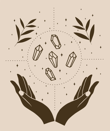 Hands holding crystals and plants. Vector illustration for your design.のイラスト素材