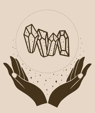 Hand with magic crystals. Vector illustration in line art style.のイラスト素材