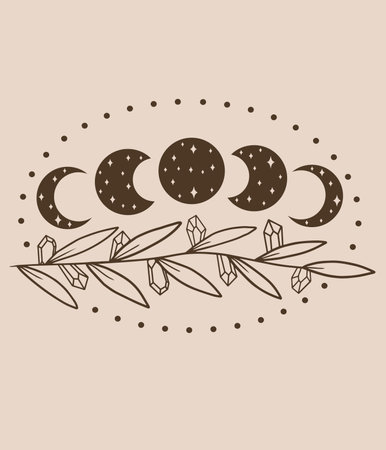 Crescent moon and olive branch. Hand drawn vector illustration. Doodle style.のイラスト素材