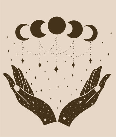 Hands with moon and stars. Vector illustration for your design.のイラスト素材