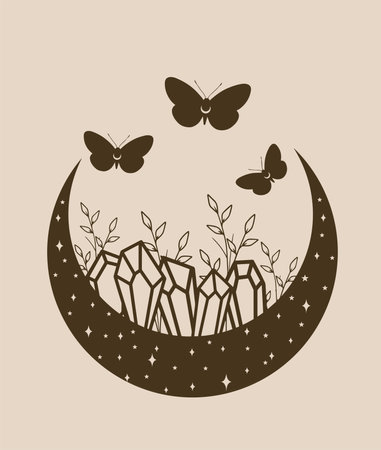 Moon with butterflies and flowers, vector illustration in black and white colorsのイラスト素材