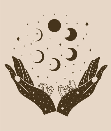 Hands holding moon and stars. Hand drawn vector illustration for your designのイラスト素材