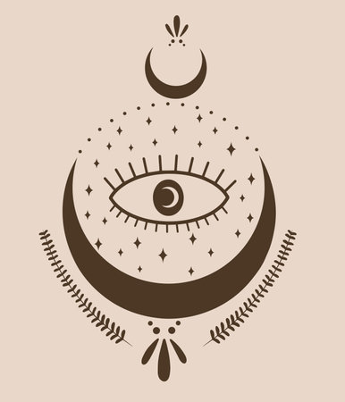 Eye of Providence in crescent moon and stars. Vector illustration.のイラスト素材
