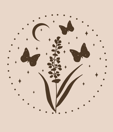 Vector illustration with flowers, butterflies and crescent moon on a beige background.のイラスト素材