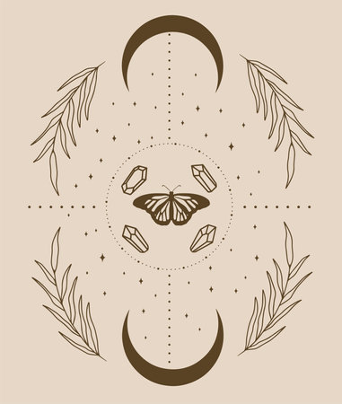 Vector illustration with moon, crescent and butterfly. Sacred geometry.のイラスト素材