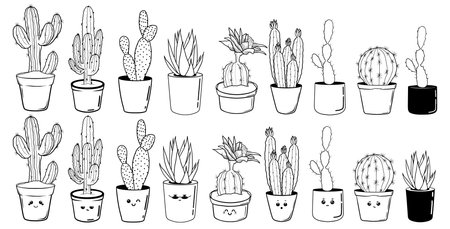 Cactuses in pots. Collection of hand drawn cacti. Vector illustrationのイラスト素材